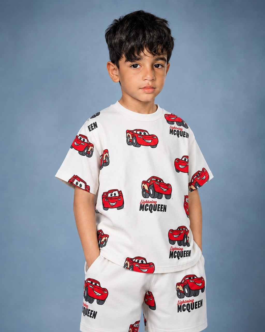 Lightning Mcqueen White Drop Shoulder Tshirt for Kids