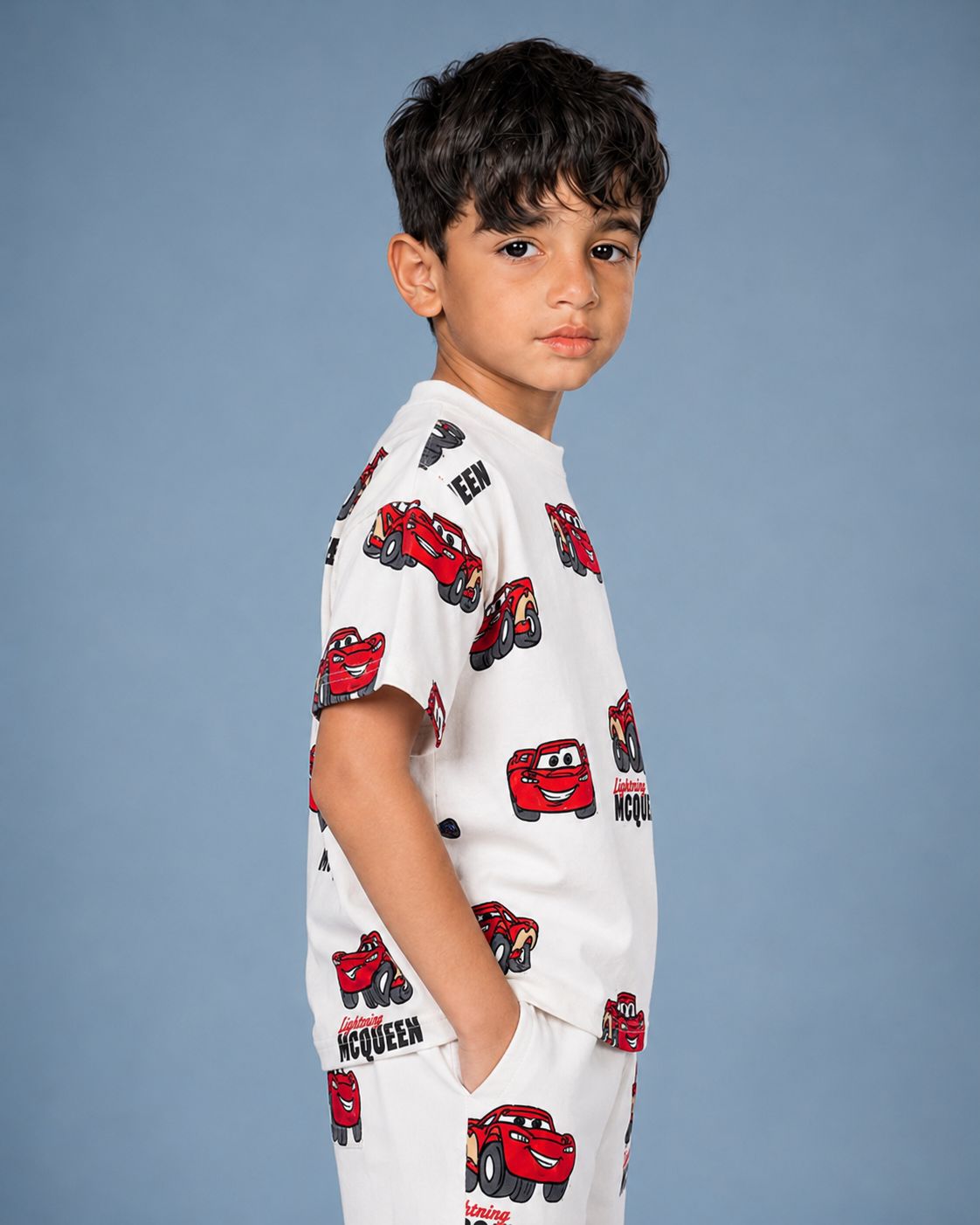 Lightning Mcqueen White Drop Shoulder Tshirt for Kids