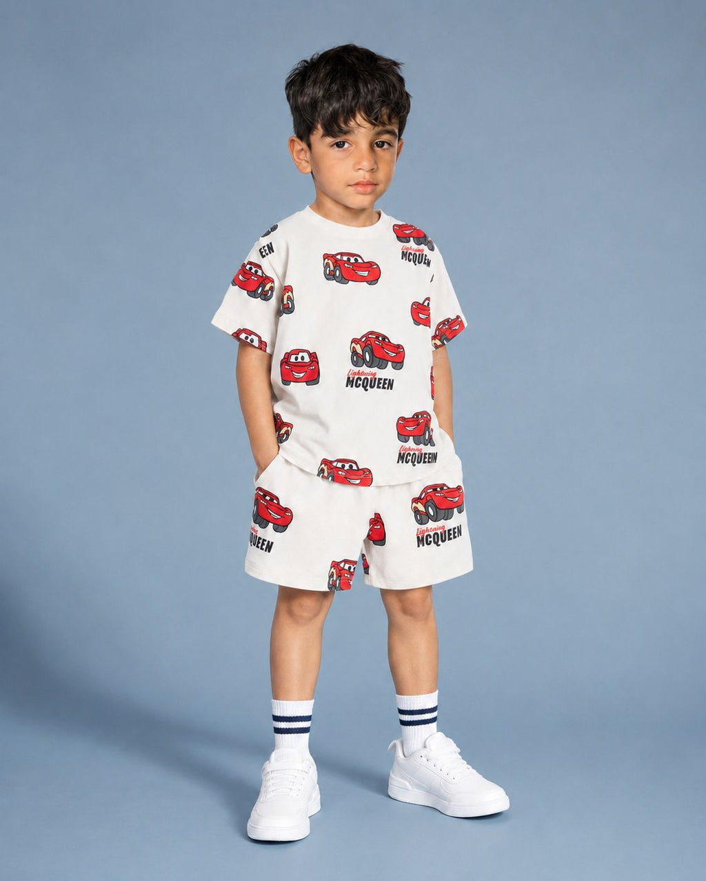 Lightning Mcqueen White Drop Shoulder Tshirt for Kids